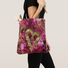 BOLSO DE TELA CORAZONES DE SAN VALENTÍN DE BRILLO ROSA INTENSO Y