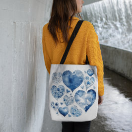 Bolso De Tela Corazones en azul delft