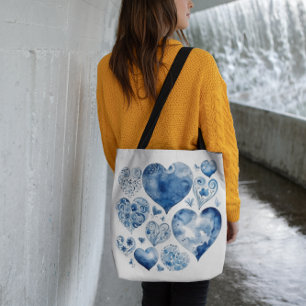 Bolso De Tela Corazones en azul delft