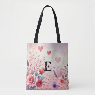 Bolso De Tela Corazones florales de San Valentín con nombre y mo