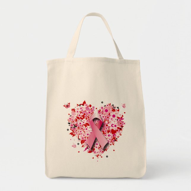 BOLSO DE TELA CORAZONES, MARIPOSAS Y CINTA ROSADA (Frente)