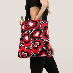 Bolso De Tela Corazones, negros, rojos y blancos.