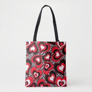 Bolso De Tela Corazones, rojo, negro, blanco