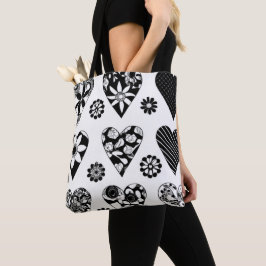 Bolso De Tela Corazones y flores grandes modernos negros y blanc