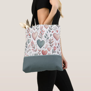 Bolso De Tela Corazones y Flores Teal, Rojo, Rosa y Bloque de Co
