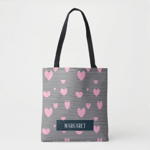 Bolso De Tela Corazones y rayas rosadas personalizadas