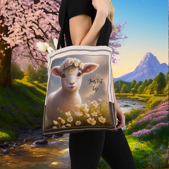 Bolso De Tela Cordero en campo de primavera con flores (Subido por el creador)