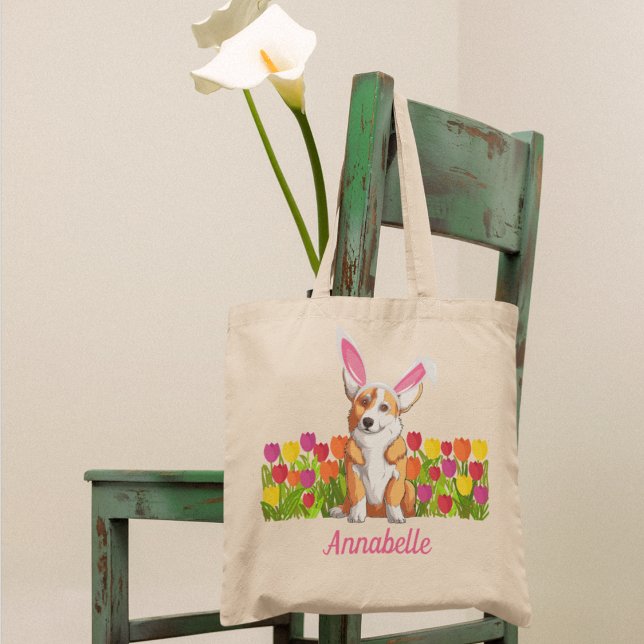 Bolso De Tela Corgi Easter Bunny Flowers Cute Personalizado (Subido por el creador)
