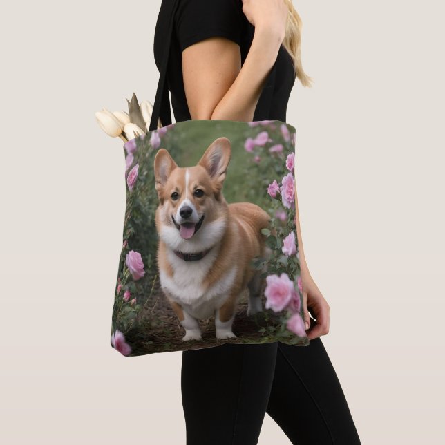Bolso De Tela Corgi En Rosas Rosa, (Detalle)