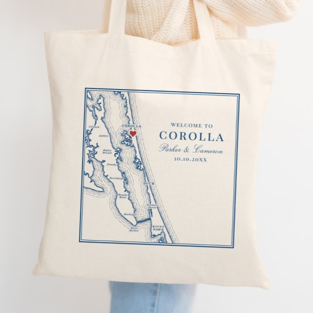 Bolso De Tela Corolla Mapa NC Elegante Azul Marino Boda (Corolla NC Map Wedding Favor Tote Bag Welcome Bag for elegant Navy Blue Outer Banks Wedding )