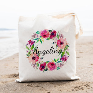Bolso De Tela Corona de flores personalizada con acuarela para b