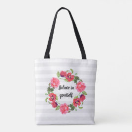 Bolso De Tela Corona de flores rojas y rosadas en acuarela en cí
