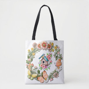Bolso De Tela Corona de flores silvestres en acuarela con maripo
