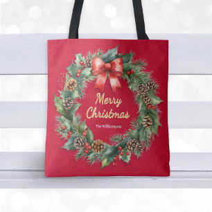 Bolso De Tela Corona de Navidad Festiva Roja con Nombre Personal
