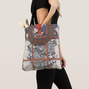 Bolso De Tela Corona de Navidad vintage en una ventana con nieve