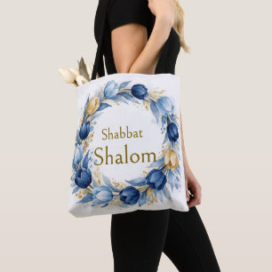 Bolso De Tela Corona de oro azul, Shabbat Shalom Acuarela Glam