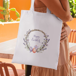 Bolso De Tela Corona de Pascua de acuarela lavanda huevos coneji