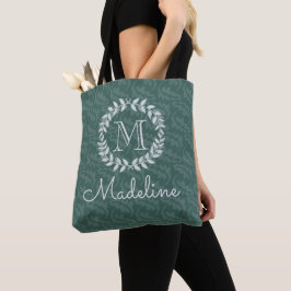 Bolso De Tela Corona Elegante Monogramada de Verde Teal y Sage