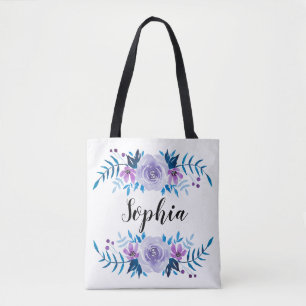 Bolso De Tela Corona floral azul púrpura acuarela con texto pers