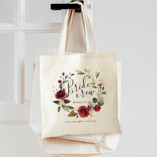 Bolso De Tela Corona floral de acuarela de novia de color burdeo