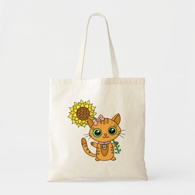 Bolso De Tela Corte Kawaii Cat Holding Flower (Frente)