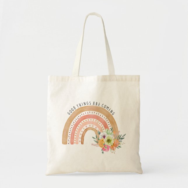 Bolso De Tela Cosas buenas vienen, boho arco iris (Frente)