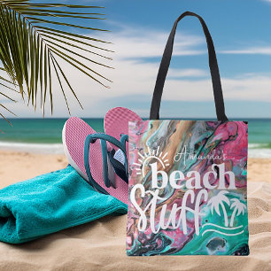 Bolso De Tela Cosas de playa personalizadas de mármol rosa y ver