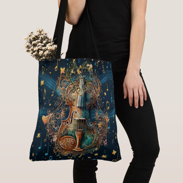 Bolso De Tela Cosmic Blue and Gold Violin Large Shoulder Tote (Detalle)