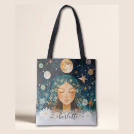 Bolso De Tela Cosmic Girl Boho Moon & Daisy Illustration Custom