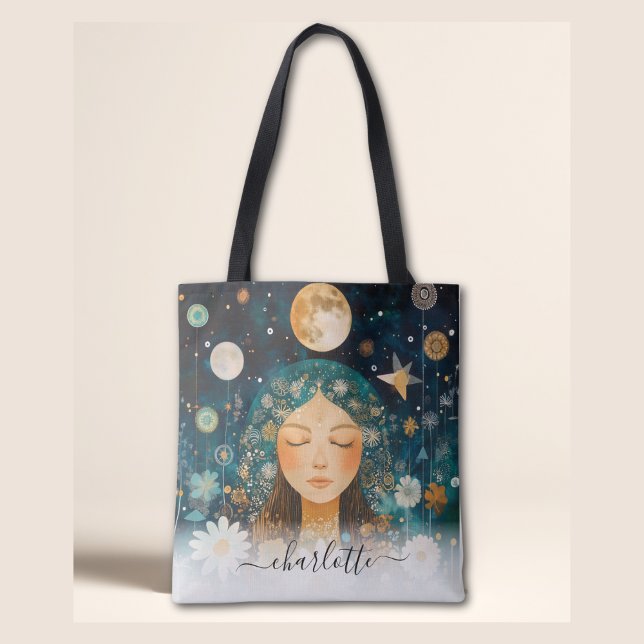 Bolso De Tela Cosmic Girl Boho Moon & Daisy Illustration Custom (Cosmic Girl Boho Moon & Daisy Illustration Custom Tote Bag)