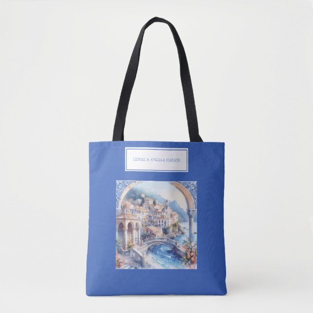 Bolso De Tela Costa Amalfitana Azulejos Azules Italia (Anverso)
