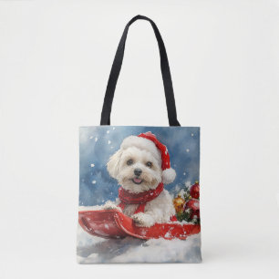 Bolso De Tela Coton De Tulear en Trineo Deja que nieve Navidad