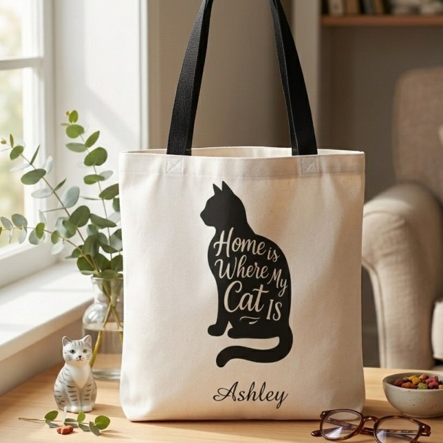 Bolso De Tela Cozy Cat Lover – Home is Where My Cat Is (Personalized cat tote bag)