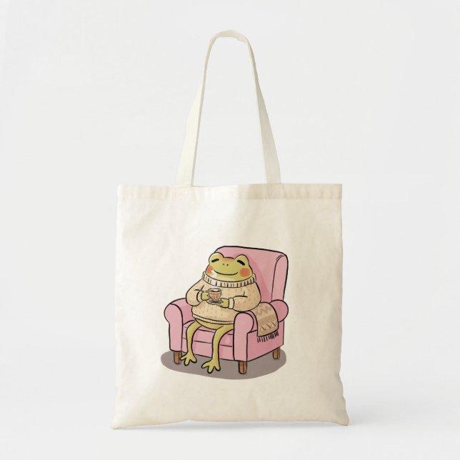 Bolso De Tela Cozy Frog Drinking Tea On Sofa Illustration (Frente)