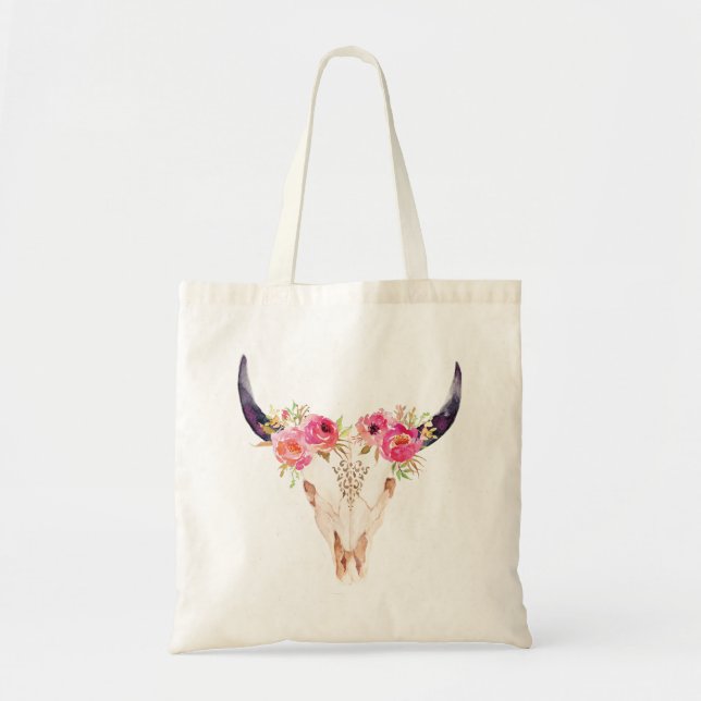 Bolso De Tela Cráneo de Bull con las flores rosadas (Frente)