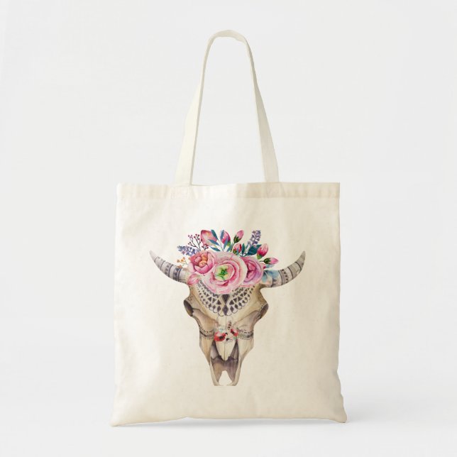 Bolso De Tela Cráneo de Bull y ilustracion de la acuarela de las (Frente)