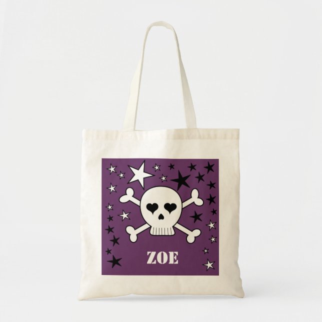Bolso De Tela Cráneo de cruz y estrellas purpúrpura personalizab (Frente)