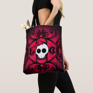 Bolso De Tela Cráneo femenino gótico lindo con el arco rojo y