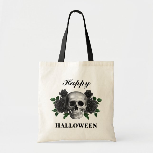 Bolso De Tela Cráneo gótico y Rosas negros Feliz Halloween (Frente)