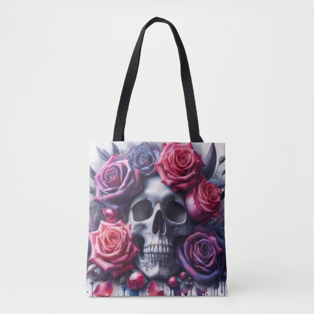 Bolso De Tela Cráneo rodeado de vibrantes Rosas (Anverso)