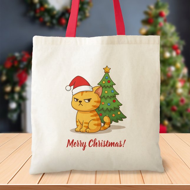 Bolso De Tela Cranky Orange Tabby Cat Red Hat Christmas Tree (Subido por el creador)