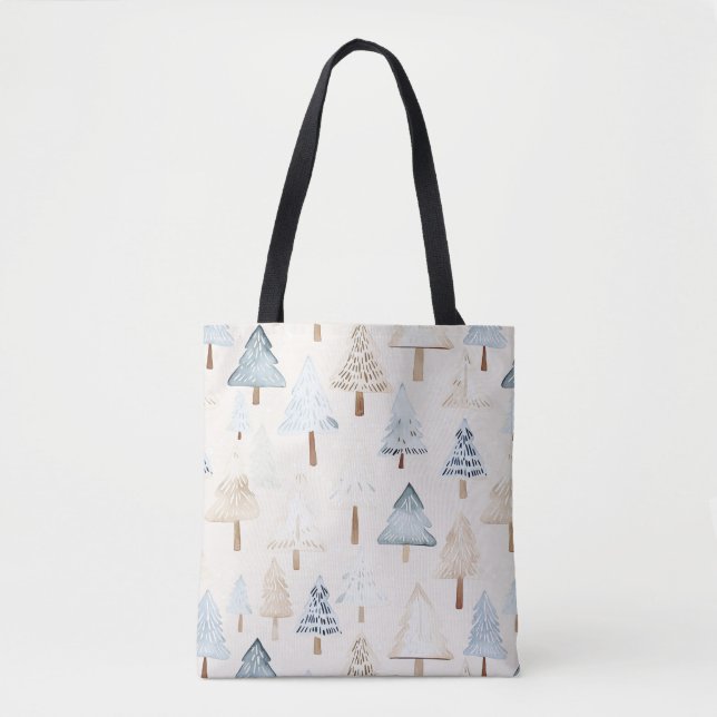 Bolso De Tela Cream Beige Blue Christmas Trees (Anverso)