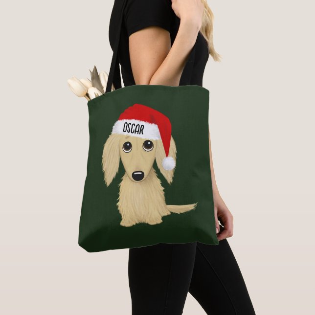 Bolso De Tela Cream Dachshund Cute Santa Dog Navidades Personali (Detalle)