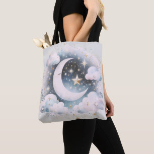 Bolso De Tela Creciente Luna Celeste Boho Moderno Azul y Blanco