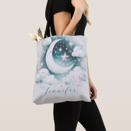 Bolso De Tela Creciente Luna Celeste Boho Moderno Azul y Blanco