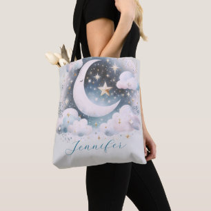 Bolso De Tela Creciente Luna Celeste Boho Moderno Azul y Blanco
