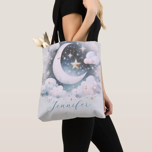 Bolso De Tela Creciente Luna Celeste Boho Moderno Azul y Blanco (Detalle)