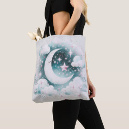 Bolso De Tela Creciente Luna Celeste Boho Moderno Azul y Blanco
