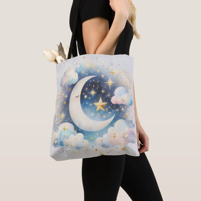 Bolso De Tela Creciente Luna Celeste Boho Moderno Azul y Blanco (Detalle)