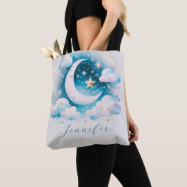 Bolso De Tela Creciente Lunar Celeste Boho Moderno Azul y Blanco